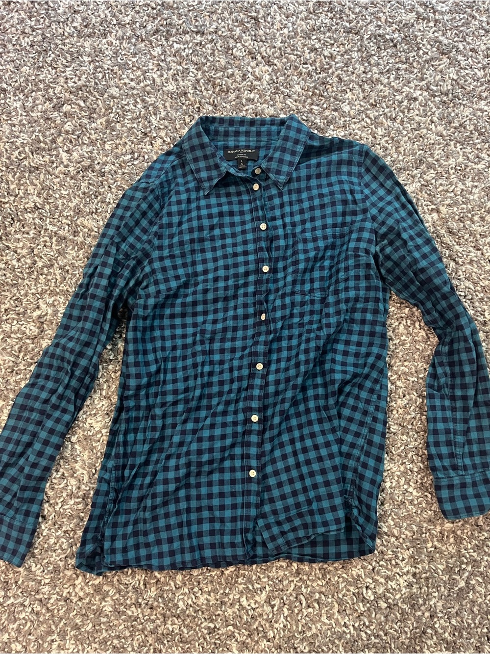 Banana Republic Teal and Navy Plaid Button-Up Shirt